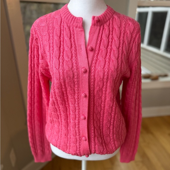 Susan Bristol Sweaters - Vintage Susan Bristol Pink Crochet Button Wool Blend Cable Knit Cardigan Sweater